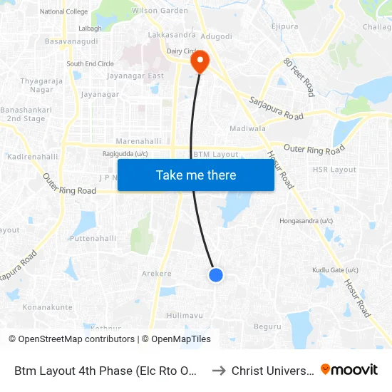 Btm Layout 4th Phase (Elc Rto Office) to Christ University map