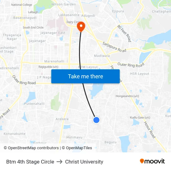Btm 4th Stage Circle to Christ University map
