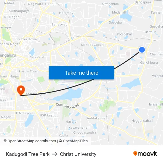 Kadugodi Tree Park to Christ University map