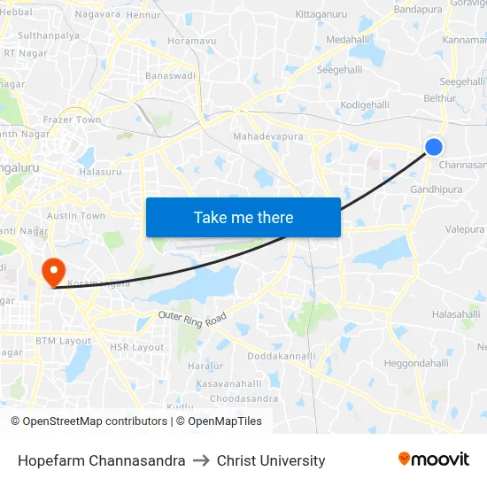 Hopefarm Channasandra to Christ University map