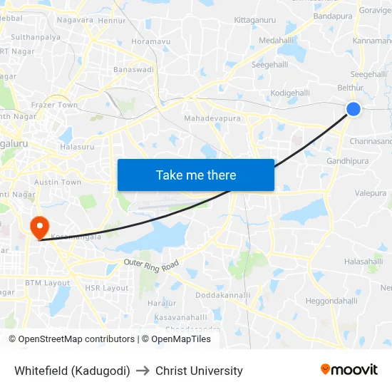 Whitefield (Kadugodi) to Christ University map
