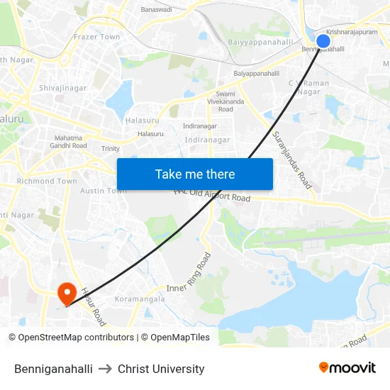 Benniganahalli to Christ University map