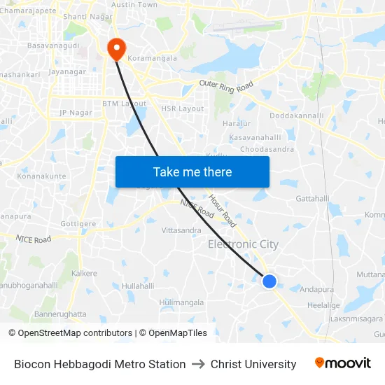 Biocon Hebbagodi Metro Station to Christ University map