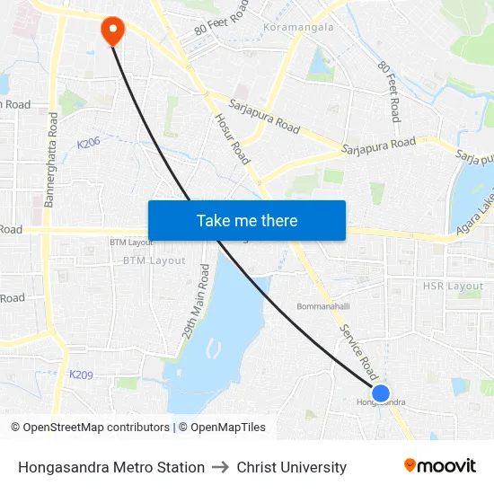 Hongasandra Metro Station to Christ University map