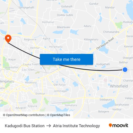 Kadugodi Bus Station to Atria Institute Technology map