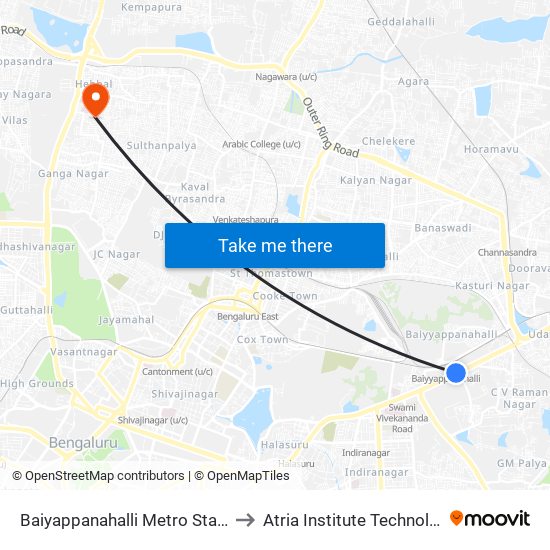 Baiyappanahalli Metro Station to Atria Institute Technology map