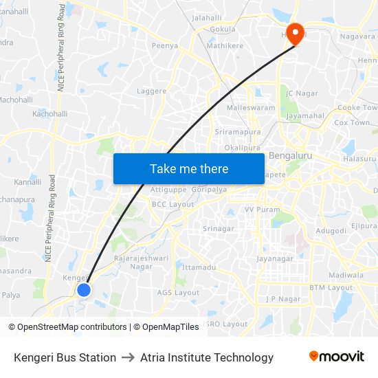 Kengeri Bus Station to Atria Institute Technology map