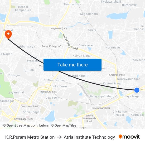 K.R.Puram Metro Station to Atria Institute Technology map