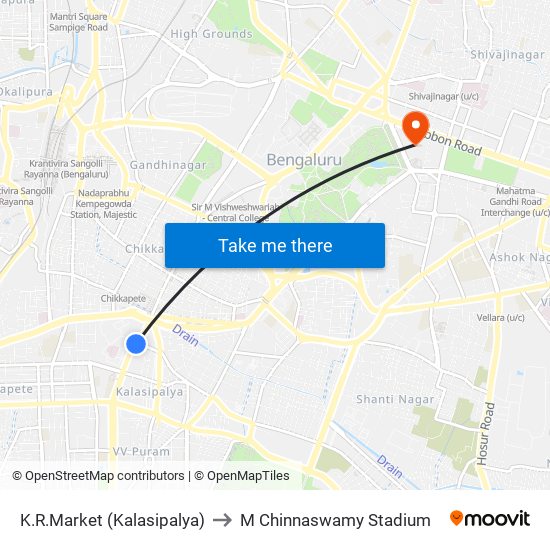 K.R.Market (Kalasipalya) to M Chinnaswamy Stadium map