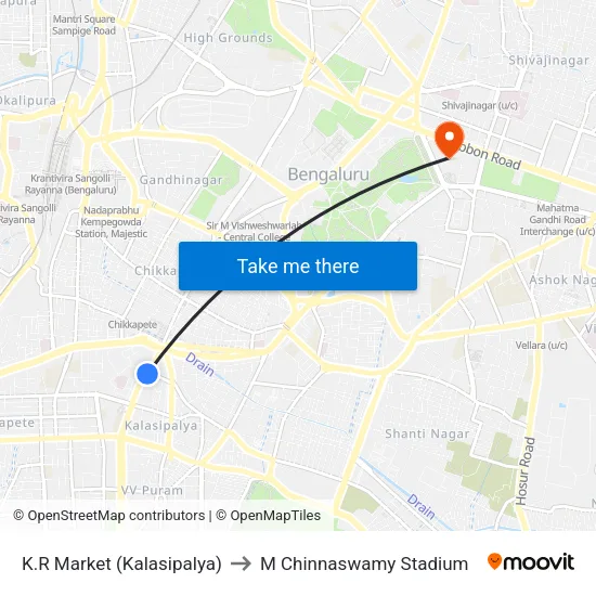 K.R Market (Kalasipalya) to M Chinnaswamy Stadium map