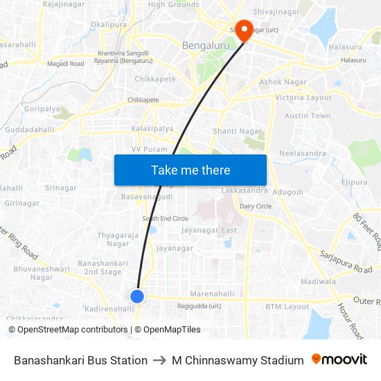 Banashankari Bus Station to M Chinnaswamy Stadium map