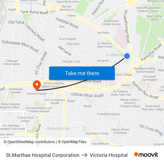 St.Marthas Hospital Corporation to Victoria Hospital map
