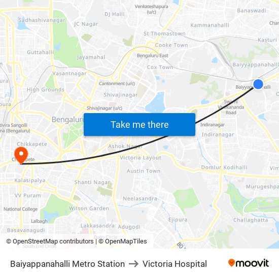 Baiyappanahalli Metro Station to Victoria Hospital map