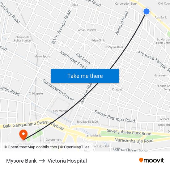 Mysore Bank to Victoria Hospital map