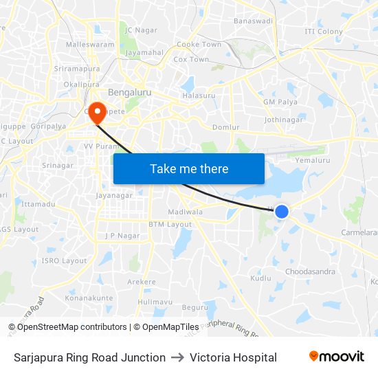 Sarjapura Ring Road Junction to Victoria Hospital map