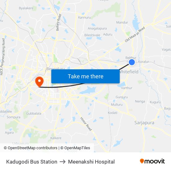 Kadugodi Bus Station to Meenakshi Hospital map