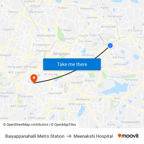 Baiyappanahalli Metro Station to Meenakshi Hospital map