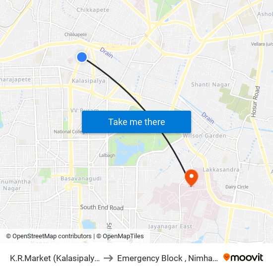 K.R.Market (Kalasipalya) to Emergency Block , Nimhans map