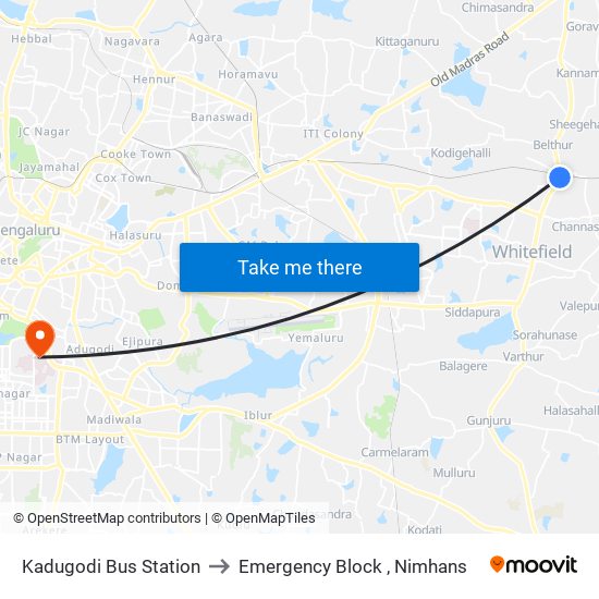 Kadugodi Bus Station to Emergency Block , Nimhans map