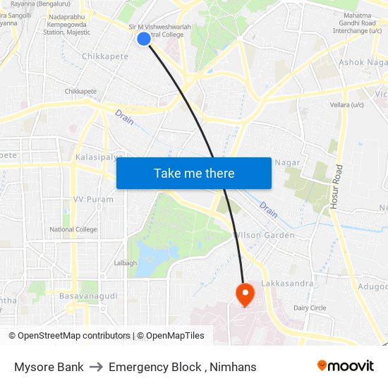 Mysore Bank to Emergency Block , Nimhans map