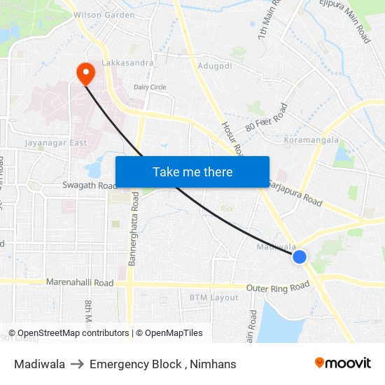 Madiwala to Emergency Block , Nimhans map