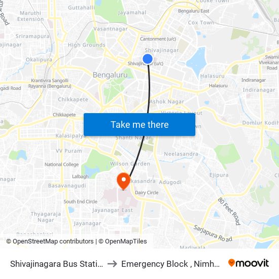 Shivajinagara Bus Station to Emergency Block , Nimhans map