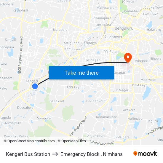 Kengeri Bus Station to Emergency Block , Nimhans map