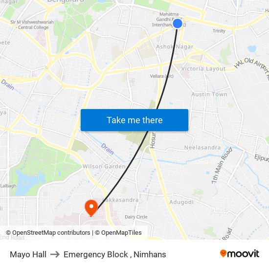 Mayo Hall to Emergency Block , Nimhans map