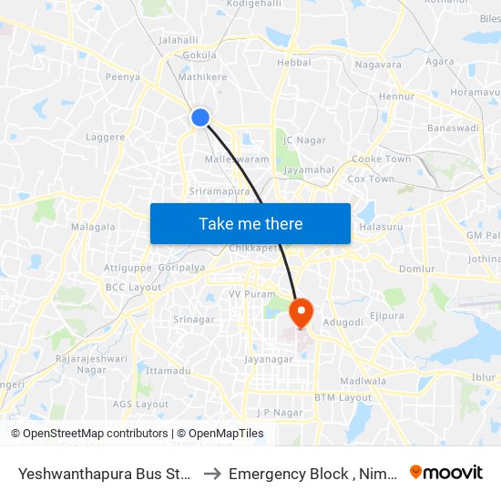 Yeshwanthapura Bus Station to Emergency Block , Nimhans map