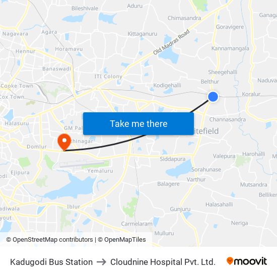Kadugodi Bus Station to Cloudnine Hospital Pvt. Ltd. map