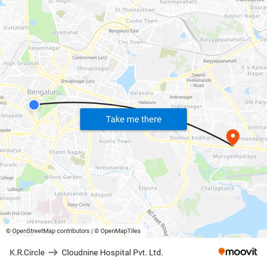 K.R.Circle to Cloudnine Hospital Pvt. Ltd. map