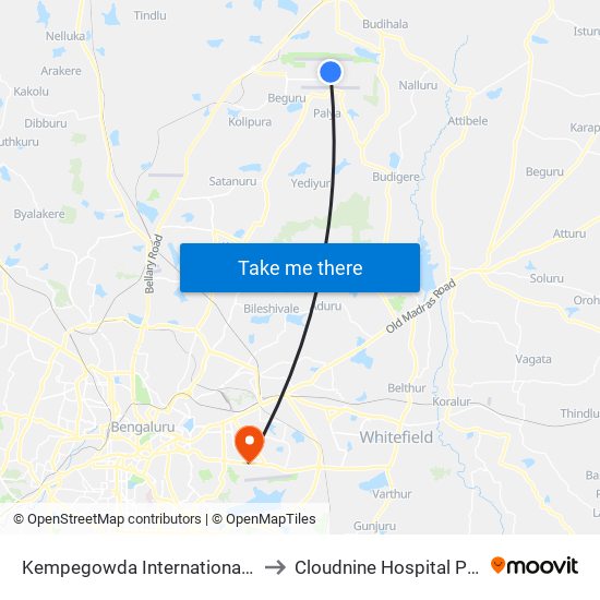 Kempegowda International Airport to Cloudnine Hospital Pvt. Ltd. map
