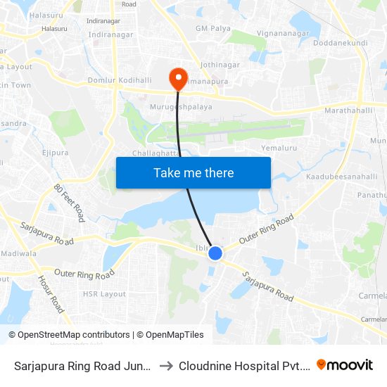 Sarjapura Ring Road Junction to Cloudnine Hospital Pvt. Ltd. map