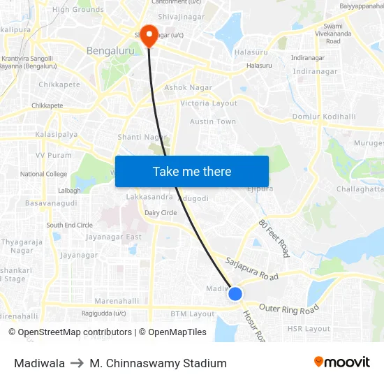 Madiwala to M. Chinnaswamy Stadium map
