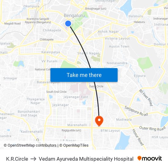 K.R.Circle to Vedam Ayurveda Multispeciality Hospital map