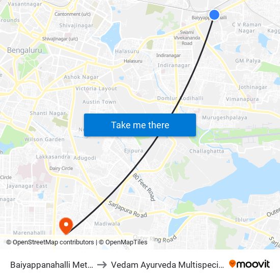 Baiyappanahalli Metro Station to Vedam Ayurveda Multispeciality Hospital map