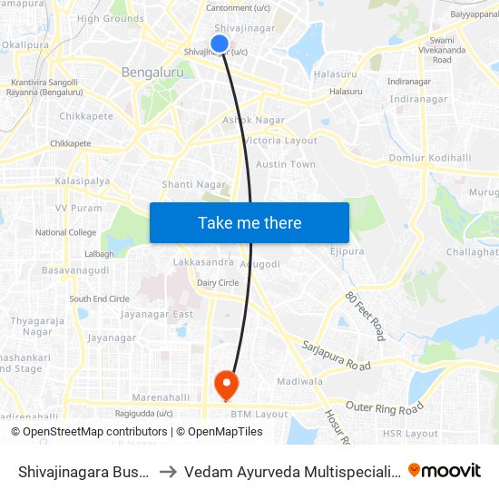 Shivajinagara Bus Station to Vedam Ayurveda Multispeciality Hospital map