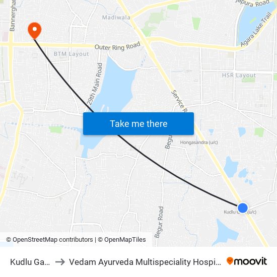 Kudlu Gate to Vedam Ayurveda Multispeciality Hospital map