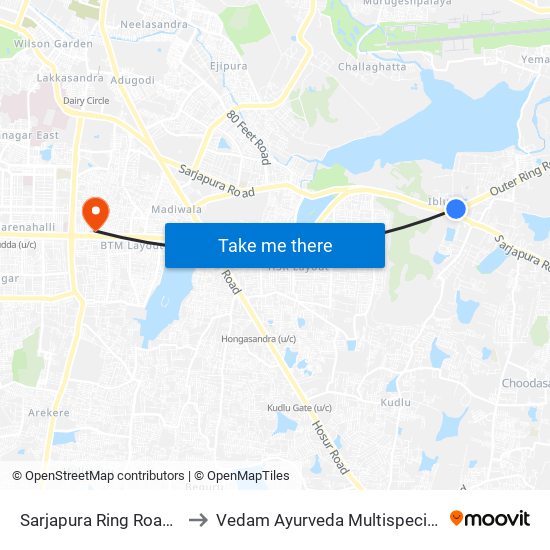 Sarjapura Ring Road Junction to Vedam Ayurveda Multispeciality Hospital map