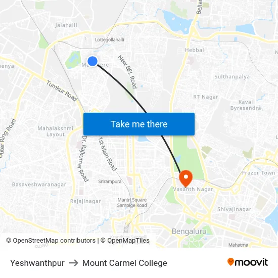 Yeshwanthpur to Mount Carmel College map
