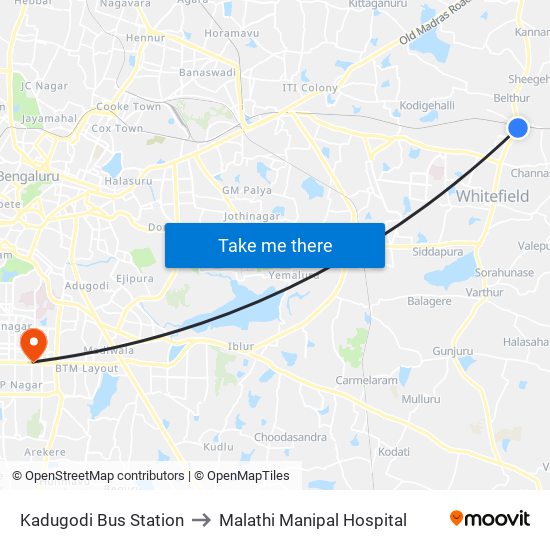 Kadugodi Bus Station to Malathi Manipal Hospital map