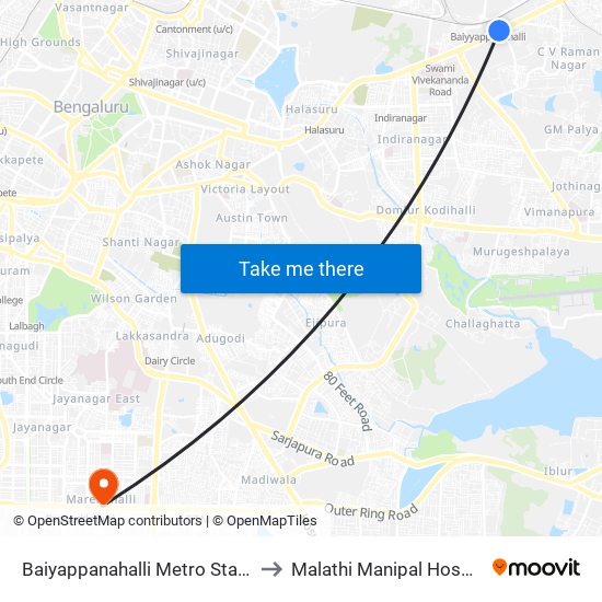 Baiyappanahalli Metro Station to Malathi Manipal Hospital map