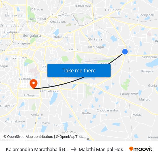Kalamandira  Marathahalli Bridge to Malathi Manipal Hospital map