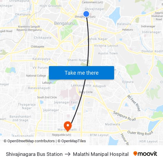 Shivajinagara Bus Station to Malathi Manipal Hospital map
