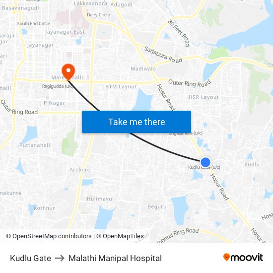 Kudlu Gate to Malathi Manipal Hospital map