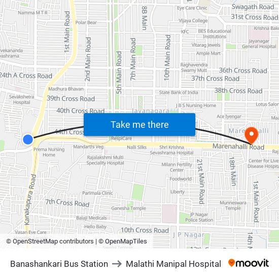 Banashankari Bus Station to Malathi Manipal Hospital map