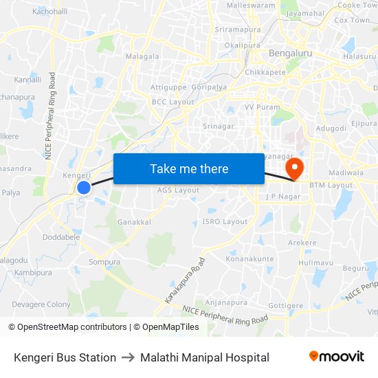 Kengeri Bus Station to Malathi Manipal Hospital map