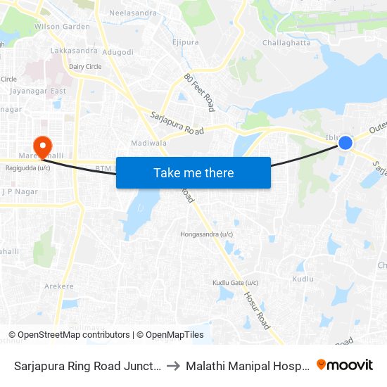 Sarjapura Ring Road Junction to Malathi Manipal Hospital map