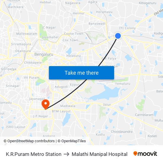 K.R.Puram Metro Station to Malathi Manipal Hospital map