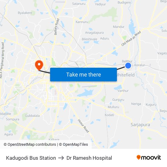 Kadugodi Bus Station to Dr Ramesh Hospital map